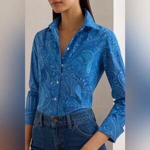 Lauren Ralph Lauren Blue Paisley Button Down Blouse Cotton Top Size L
